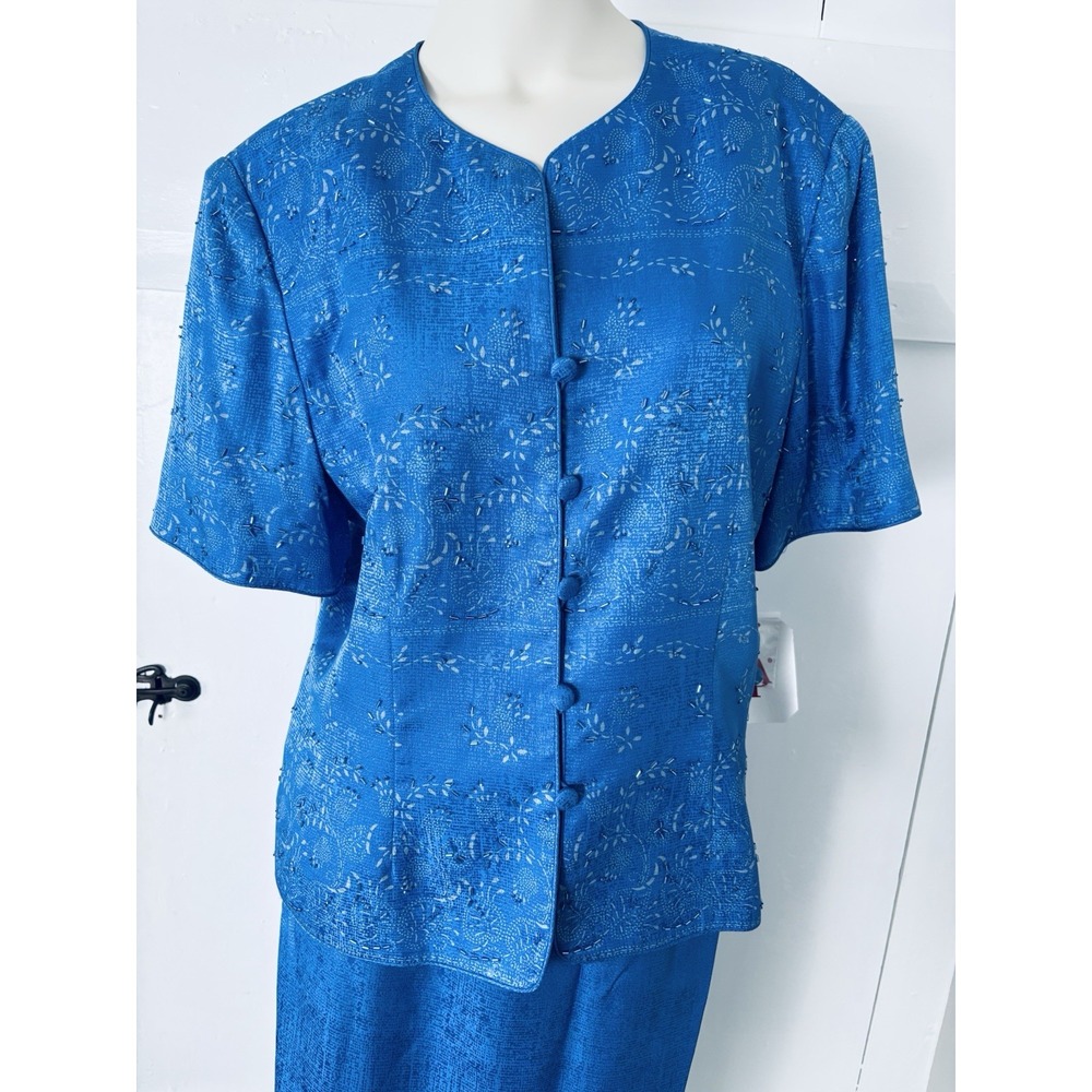 Vintage Adrianna Papell 100% Silk Skirt Suit Set Royal Blue Beaded Sz 14 Tags